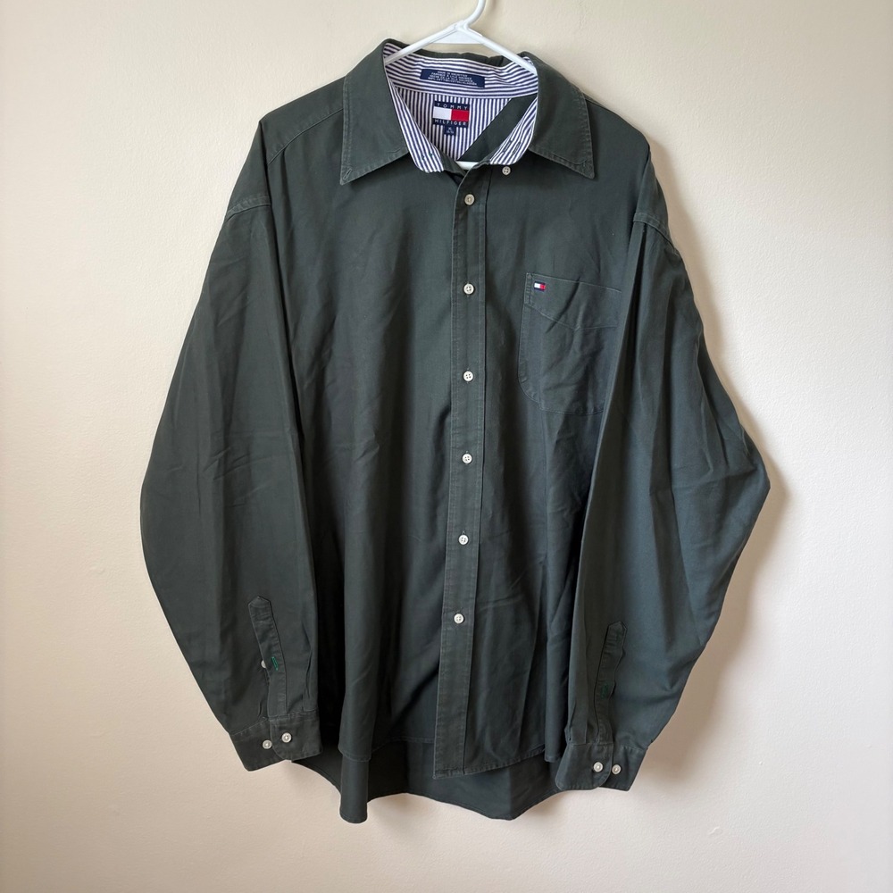 Y2K Tommy Hilfiger Button Down Shirt Mens XL Green Long Sleeve Twill Cotton Logo